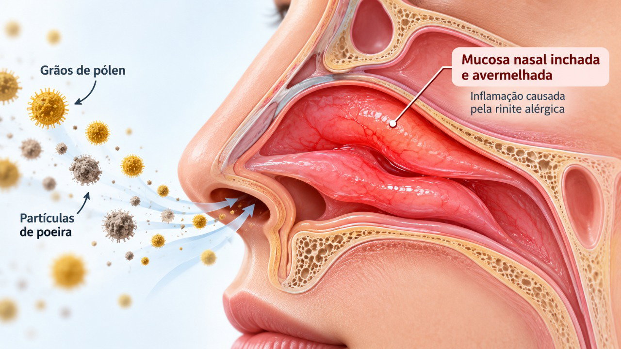 Na rinite alérgica, o contato com alérgenos pode inflamar a mucosa nasal e provocar espirros, coriza e congestão.