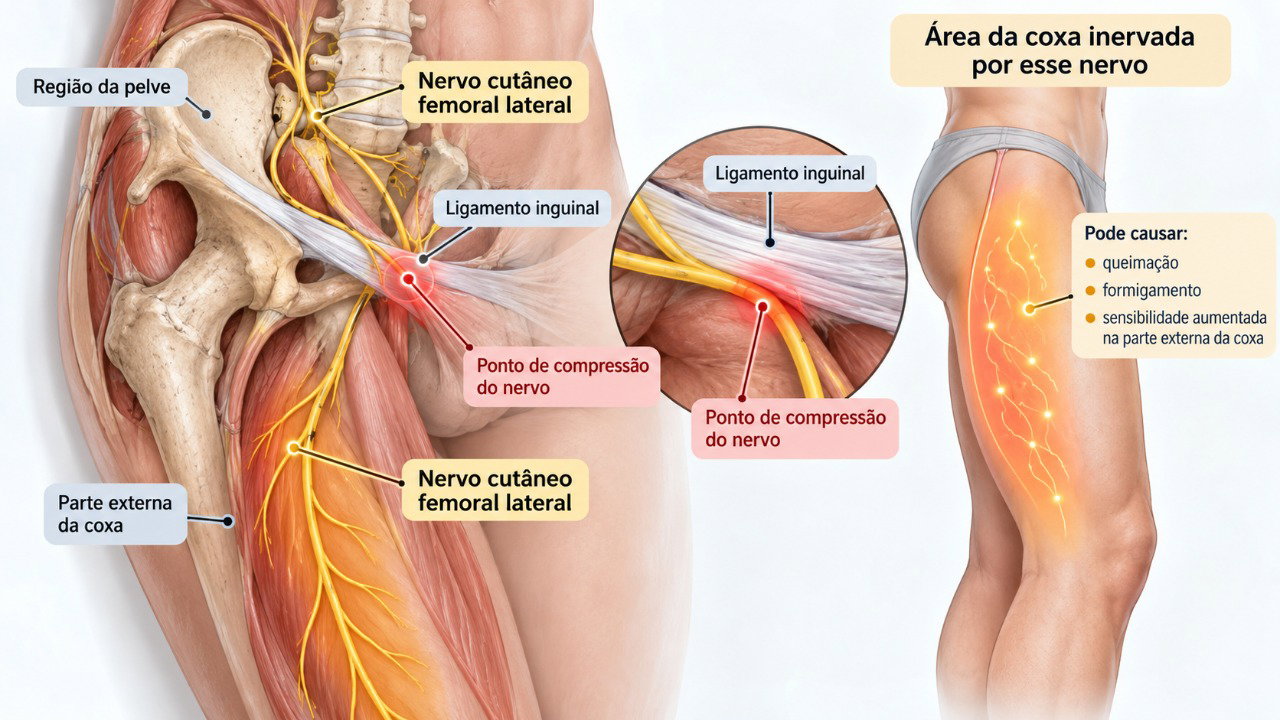 A compressão do nervo cutâneo femoral lateral pode provocar ardência, dormência e formigamento na parte externa da coxa.