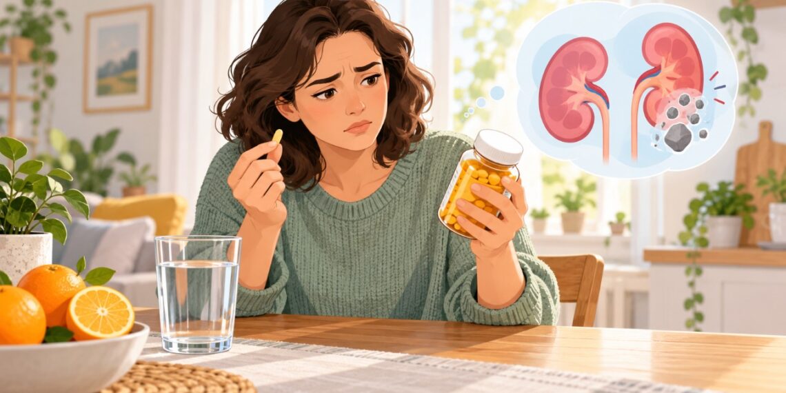 O consumo excessivo de suplementos de vitamina C pode aumentar a preocupação com a formação de pedras nos rins em pessoas predispostas.