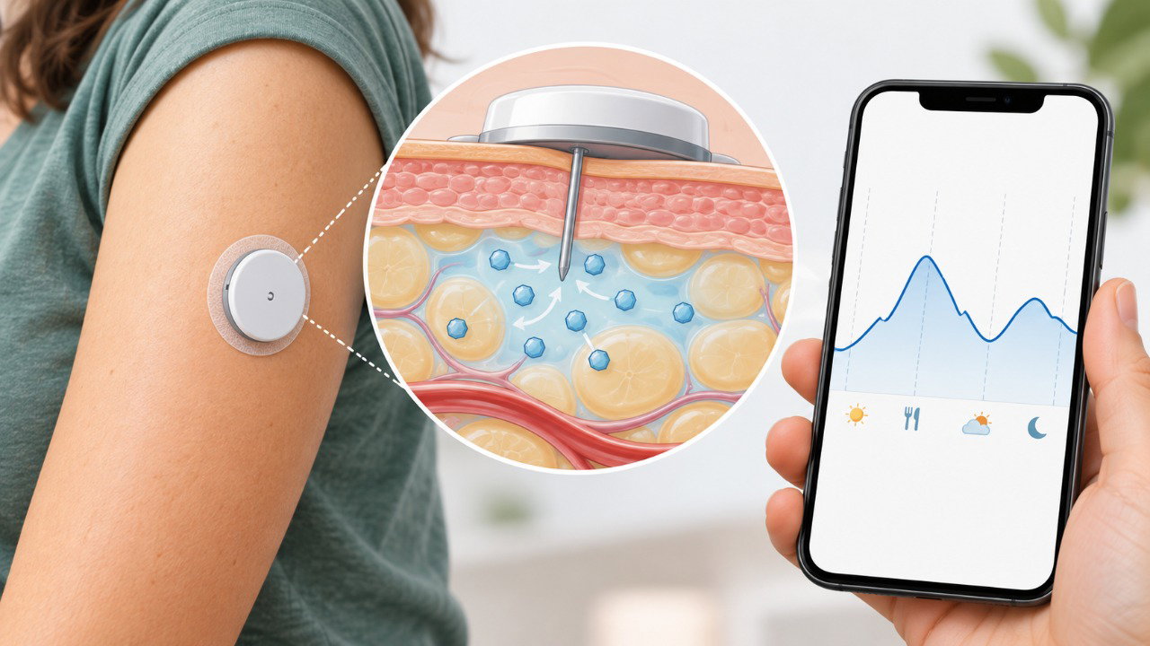 O sensor mede a glicose no líquido entre as células e permite identificar tendências de aumento ou queda ao longo do dia.