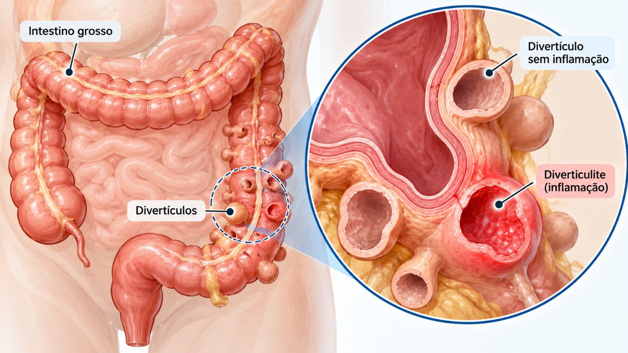A diverticulite ocorre quando divertículos presentes na parede do intestino grosso ficam inflamados.