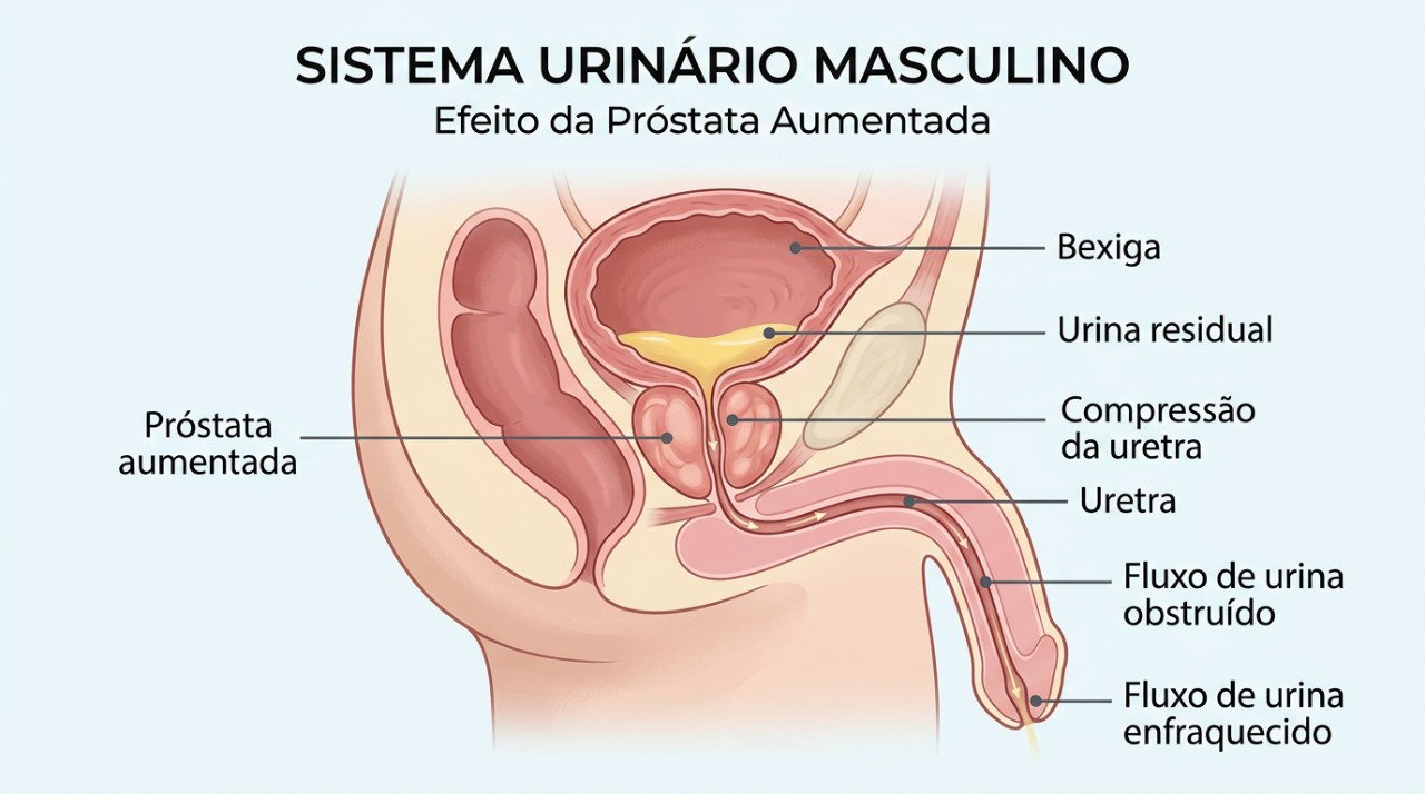 O aumento da próstata pode dificultar o esvaziamento da bexiga e contribuir para a necessidade frequente de urinar à noite.