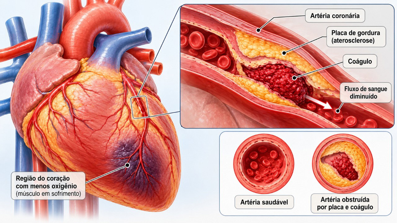 O infarto ocorre quando o fluxo sanguíneo para parte do coração é interrompido ou reduzido de maneira importante, podendo provocar enjoo e suor frio.