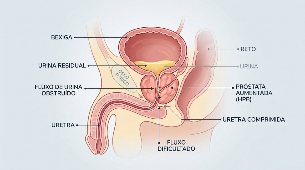 O aumento benigno da próstata pode comprimir a uretra, enfraquecer o jato urinário e dificultar o esvaziamento completo da bexiga.