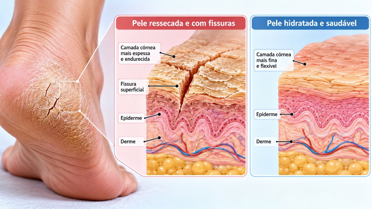 O ressecamento e o espessamento da pele reduzem sua flexibilidade, favorecendo a formação de fissuras no calcanhar.