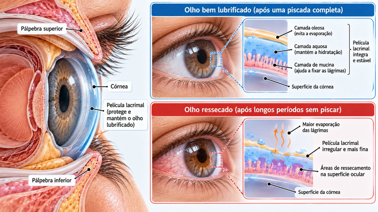 Piscar ajuda a distribuir a película lacrimal sobre a córnea, enquanto a redução das piscadas favorece a evaporação das lágrimas e o ressecamento ocular.