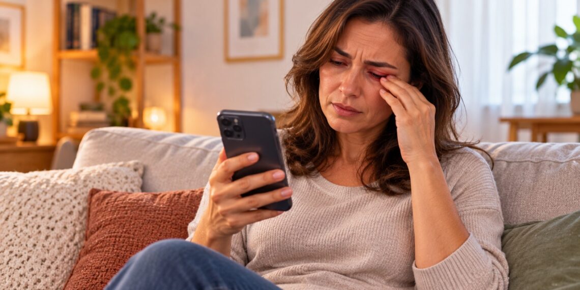 O uso prolongado do celular pode reduzir a frequência das piscadas, favorecendo o ressecamento e a sensação de ardor nos olhos.