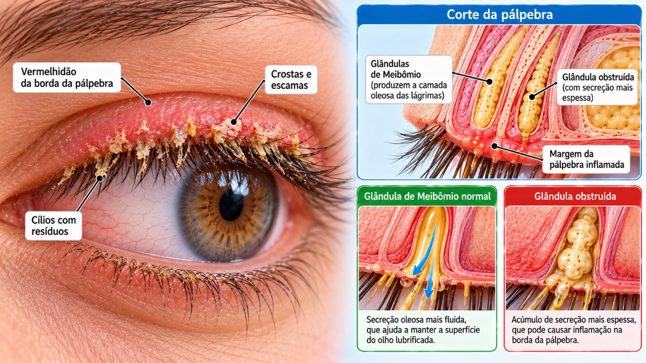 A blefarite pode provocar inflamação nas bordas das pálpebras e acúmulo de crostas próximas à raiz dos cílios.
