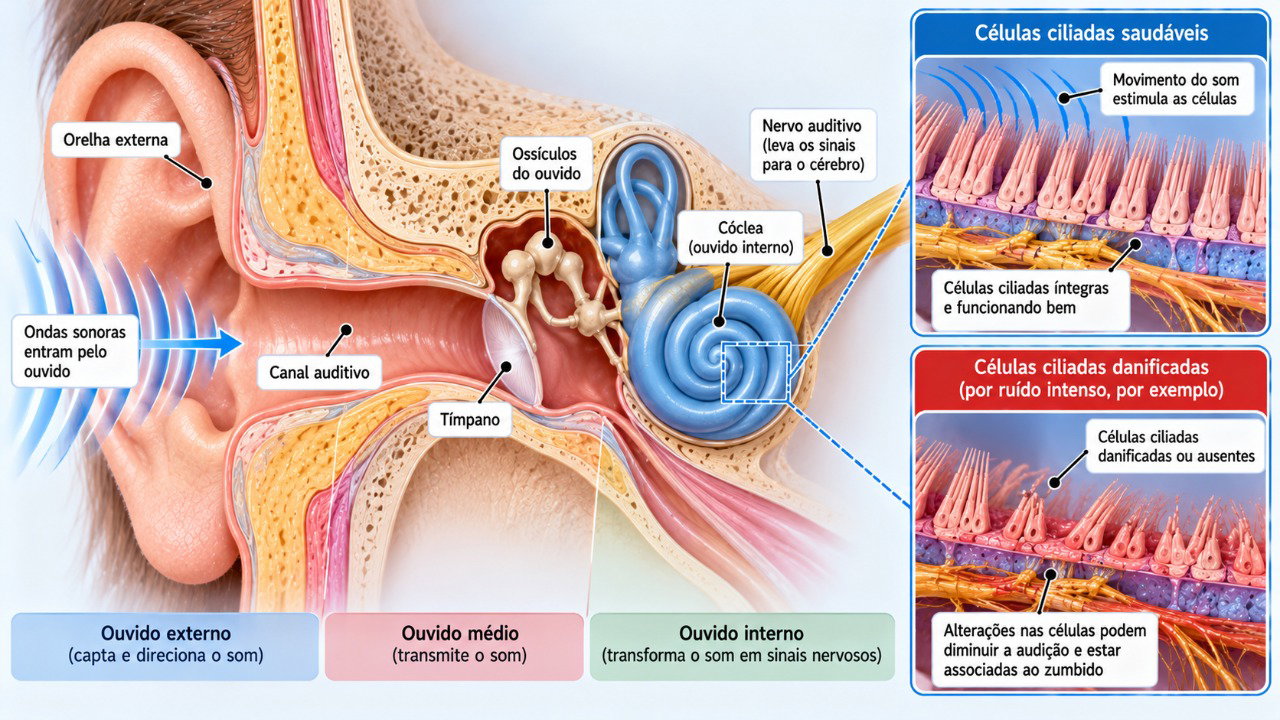 Alterações nas células sensoriais da cóclea podem contribuir para a perda auditiva e o aparecimento de zumbido, inclusive em apenas um ouvido.