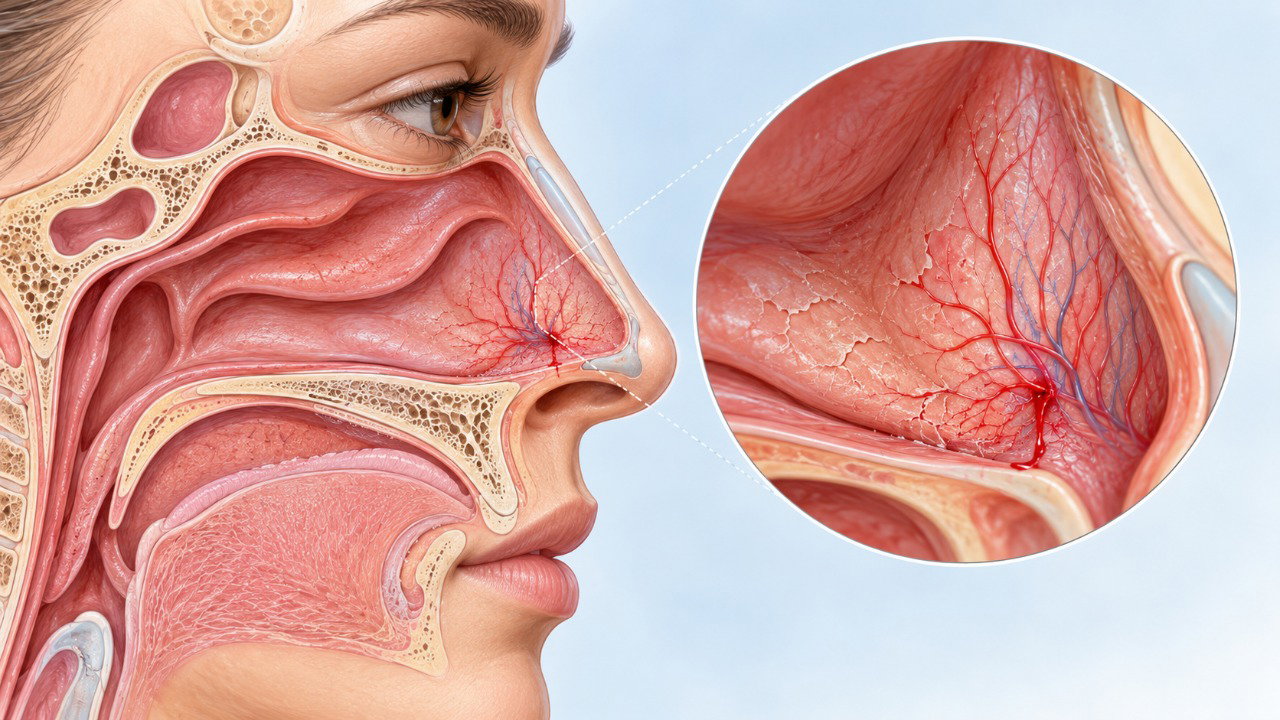 O ar seco pode ressecar a mucosa nasal e favorecer pequenas fissuras nos vasos sanguíneos superficiais, provocando sangramento.
