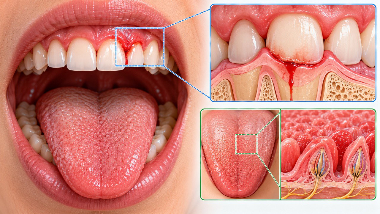 Inflamações e pequenos sangramentos nas gengivas podem alterar o sabor percebido na boca e provocar uma sensação semelhante ao gosto de ferro.