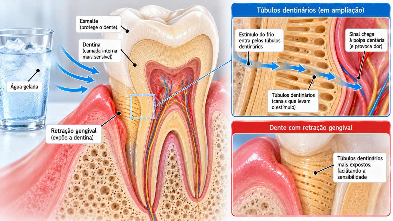 A exposição da dentina permite que estímulos frios provoquem movimentos de líquido nos túbulos dentinários, desencadeando a sensibilidade.