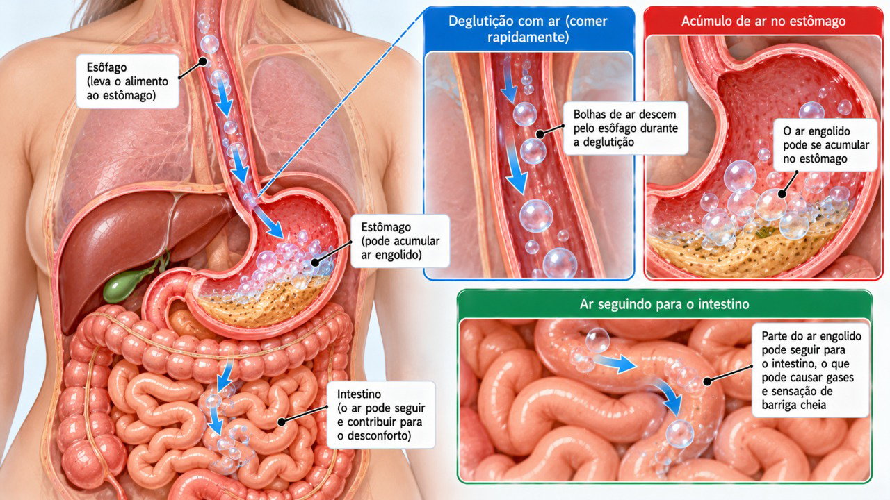 A aerofagia ocorre quando uma quantidade excessiva de ar é engolida, podendo provocar arrotos, gases e sensação de estufamento abdominal.