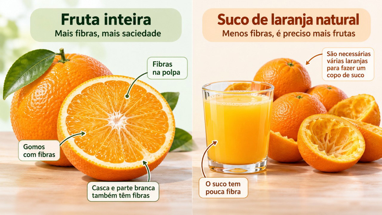 O suco pode concentrar os carboidratos de várias frutas e oferecer menos fibras do que a fruta inteira.