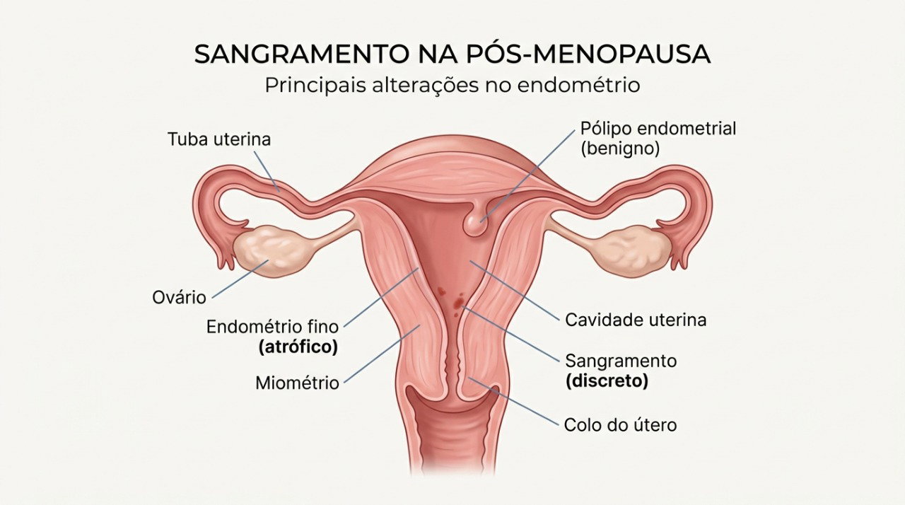 Alterações no endométrio, como afinamento dos tecidos e pólipos, estão entre as possíveis causas de sangramento após a menopausa.