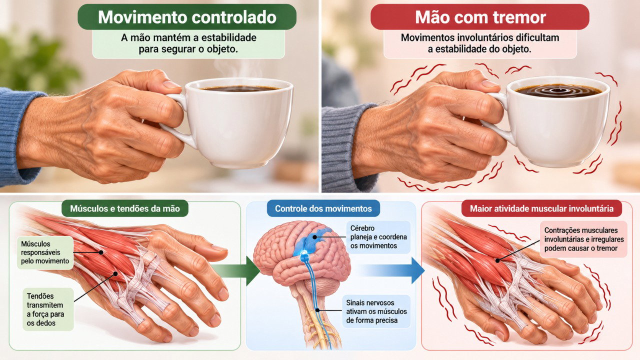 O tremor pode ficar mais evidente ao manter a mão em determinada posição ou realizar movimentos como segurar uma xícara.