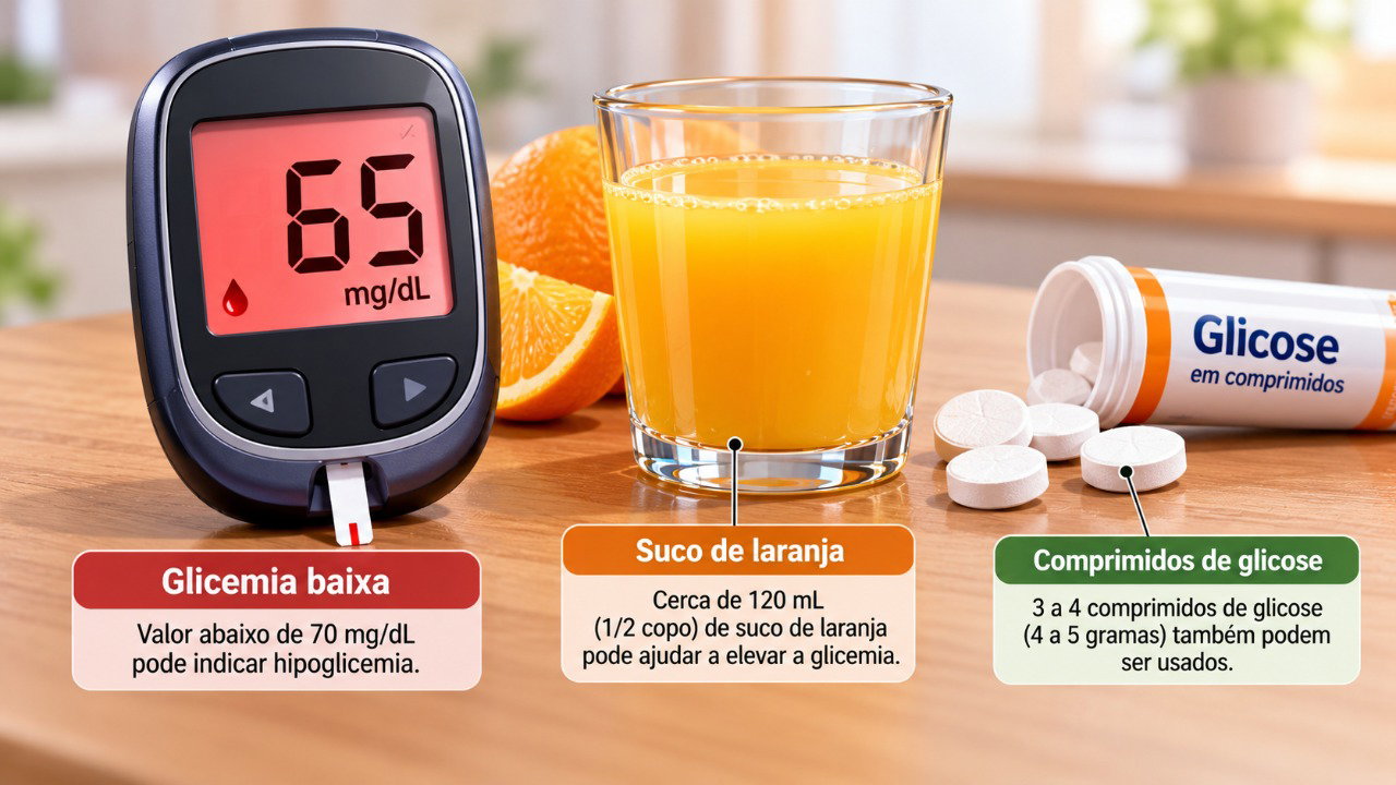Quando a glicose está abaixo de 70 mg/dL, a regra dos 15 pode ajudar a corrigir a hipoglicemia em pessoas conscientes.