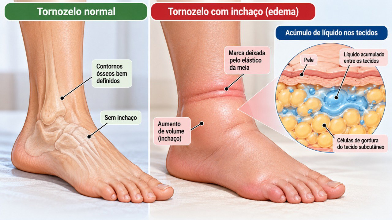 O edema ocorre quando há acúmulo de líquido nos tecidos, podendo aumentar o volume dos tornozelos e deixar marcas das meias mais evidentes.
