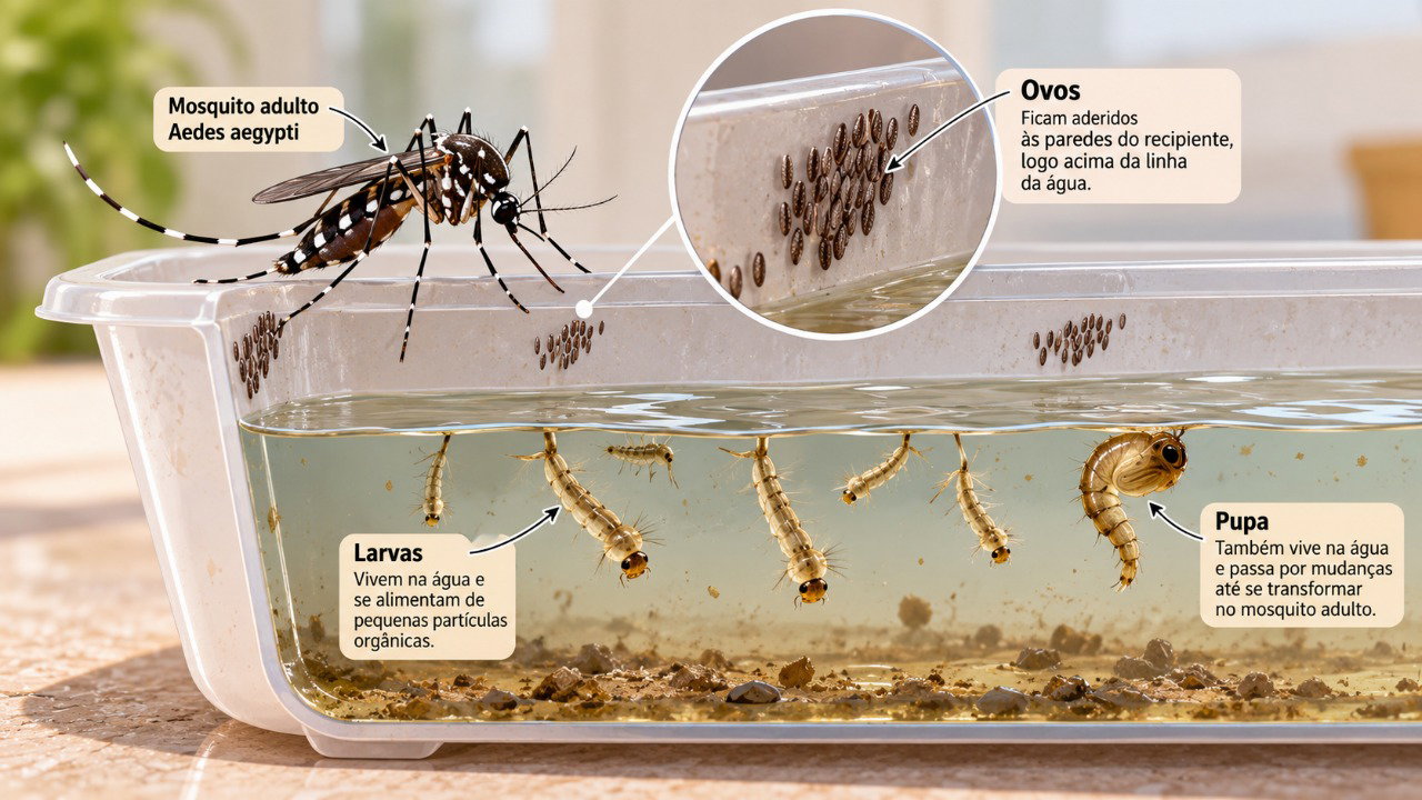 Os ovos do Aedes aegypti podem permanecer nas paredes dos recipientes e dar origem a larvas quando entram em contato com a água.
