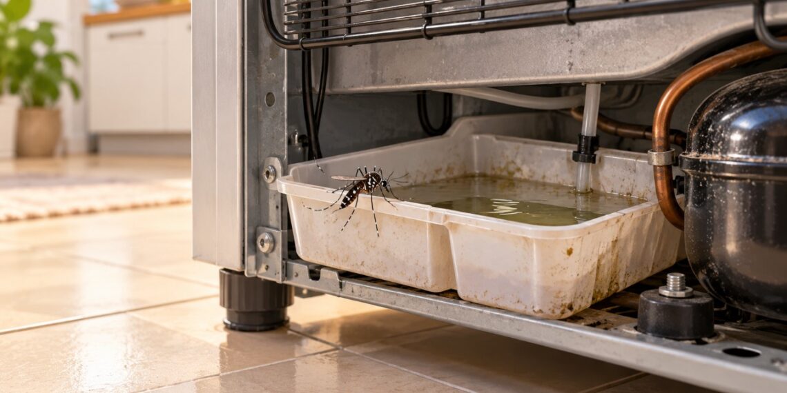 A água acumulada na bandeja da geladeira pode favorecer a reprodução do mosquito da dengue.