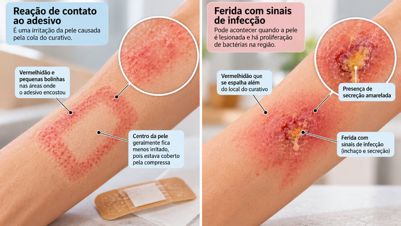 A irritação pelo adesivo costuma acompanhar a área de contato, enquanto uma infecção pode causar vermelhidão que se espalha e secreção.