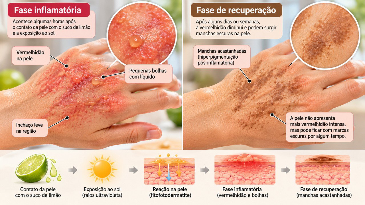 A fitofotodermatite pode começar com vermelhidão e bolhas e deixar manchas escuras após a inflamação.