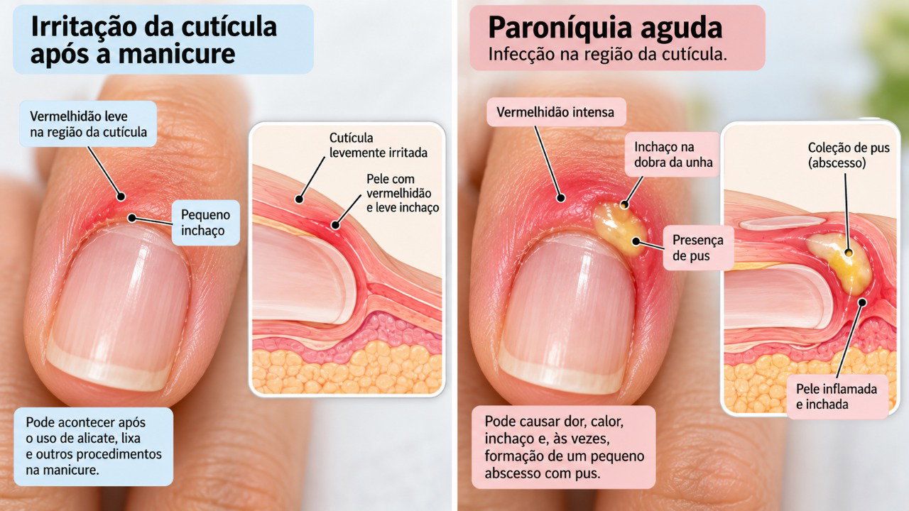 A irritação leve da cutícula pode causar vermelhidão, enquanto a paroníquia pode provocar inchaço intenso e acúmulo de pus.