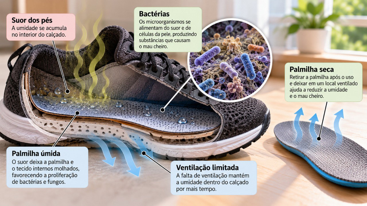 O suor retido nas palmilhas e nos tecidos dos calçados favorece a proliferação de bactérias associadas ao chulé.