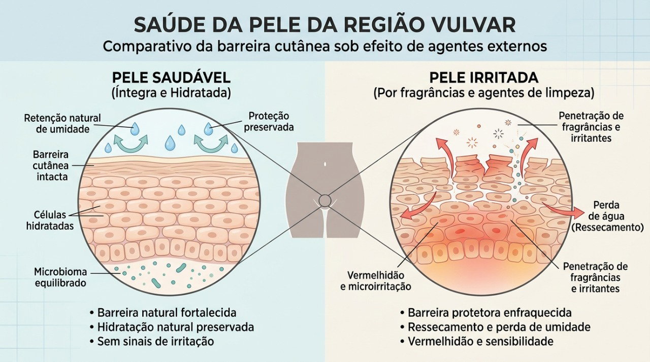 Fragrâncias e agentes de limpeza podem comprometer a barreira protetora da pele da vulva, favorecendo irritação e ardência.