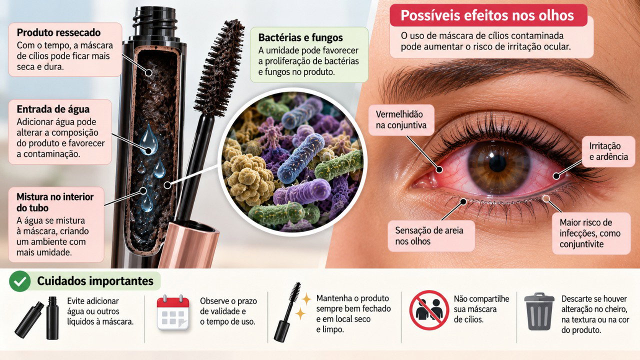 A adição de água ao rímel pode comprometer sua conservação e favorecer a presença de microrganismos capazes de irritar os olhos.