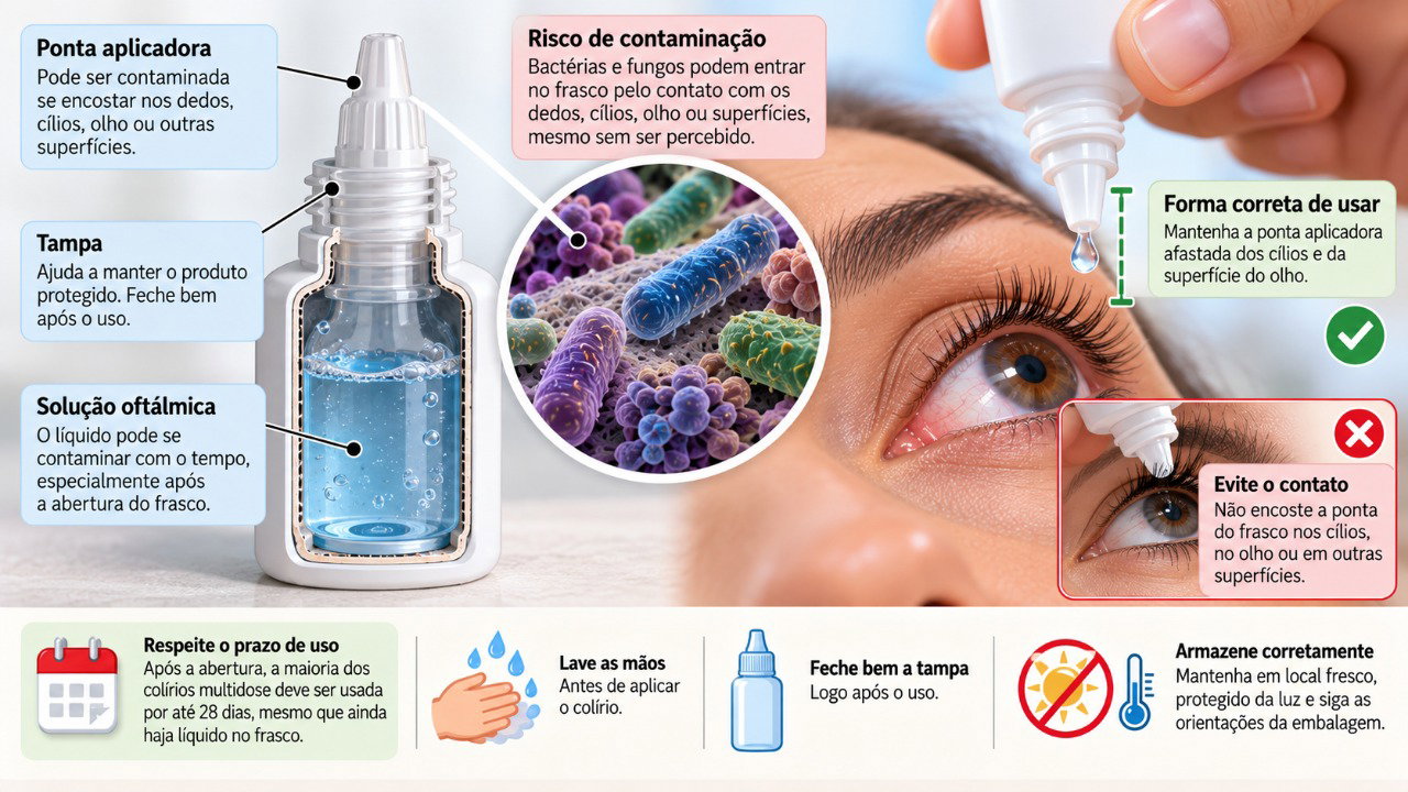 Evitar o contato da ponta do colírio com os olhos e outras superfícies ajuda a reduzir o risco de contaminação.