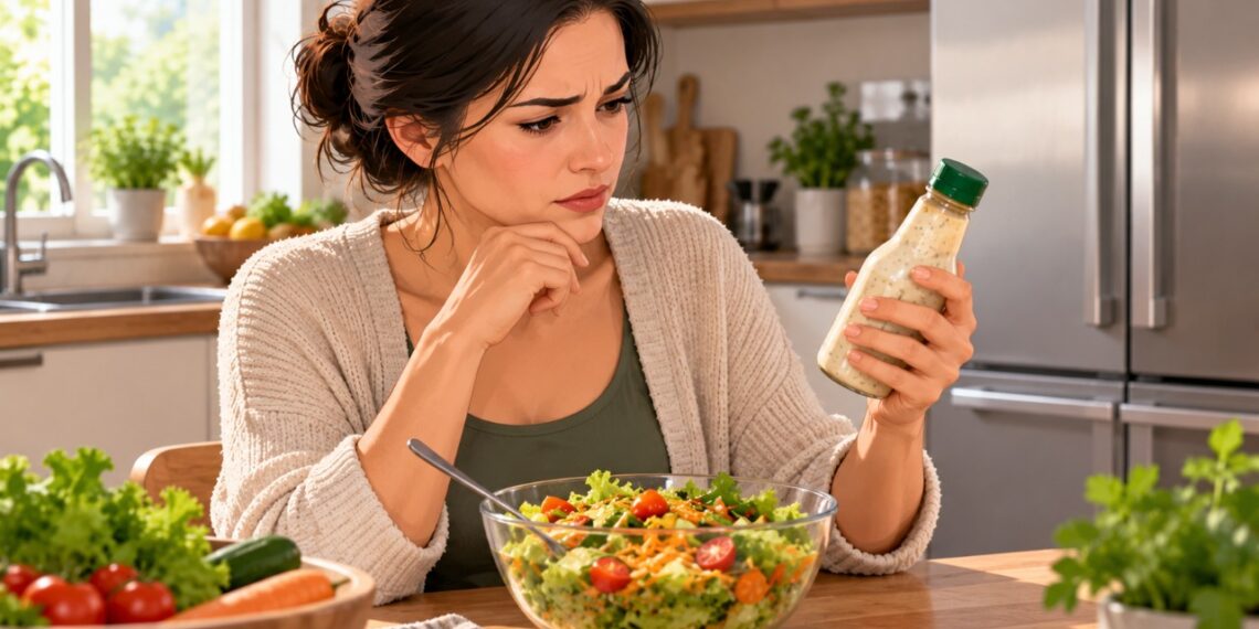 Molhos prontos para salada podem conter quantidades variadas de sódio, tornando importante observar o rótulo e a porção utilizada.