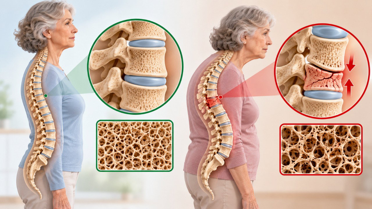 Fraturas por compressão nas vértebras podem provocar perda de altura e aumento da curvatura das costas, especialmente em pessoas com osteoporose.