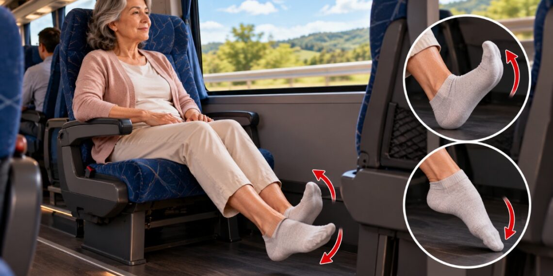 Movimentar os pés e tornozelos durante viagens longas de ônibus ajuda a estimular a circulação e reduzir o tempo de imobilidade.