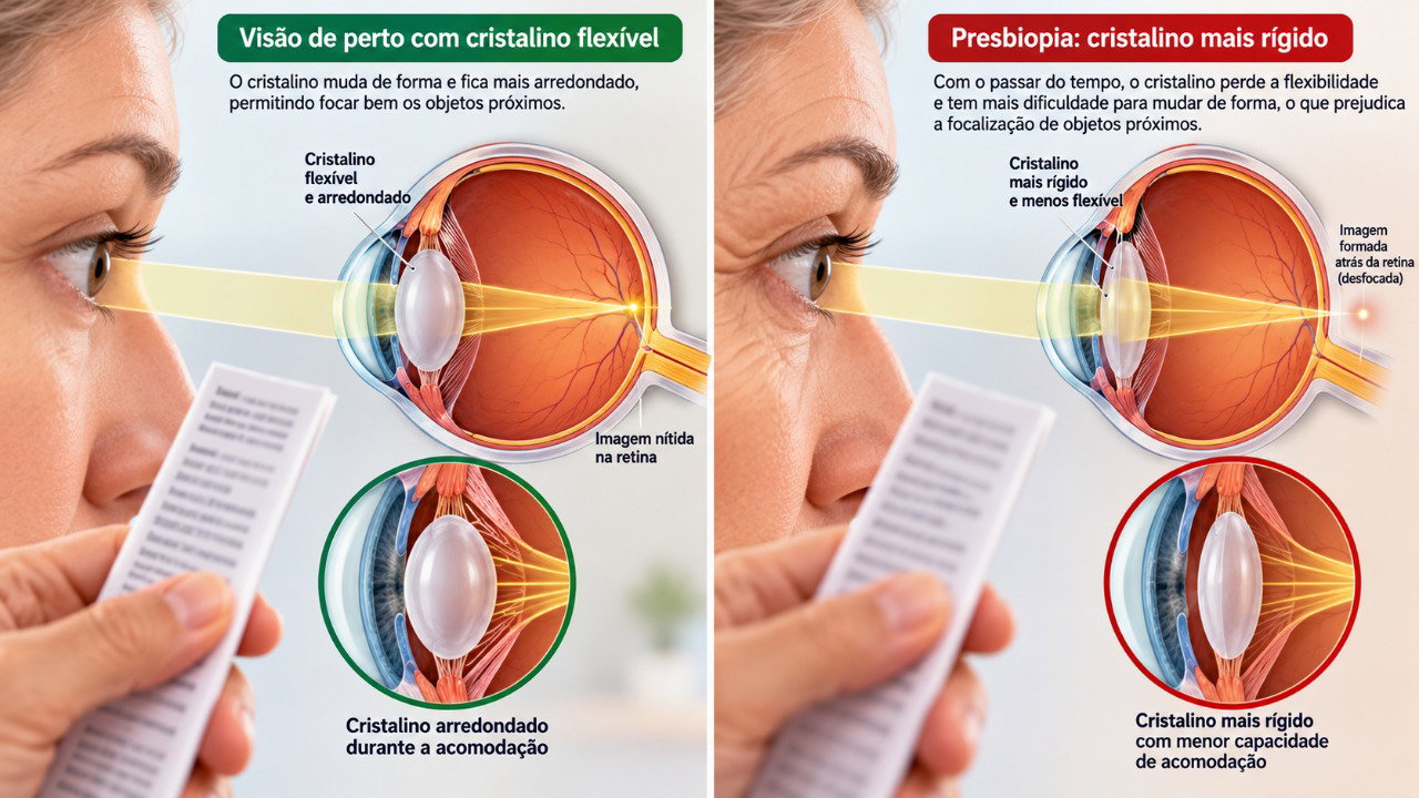 Na presbiopia, o cristalino perde flexibilidade com a idade, dificultando o foco em letras pequenas e objetos próximos.