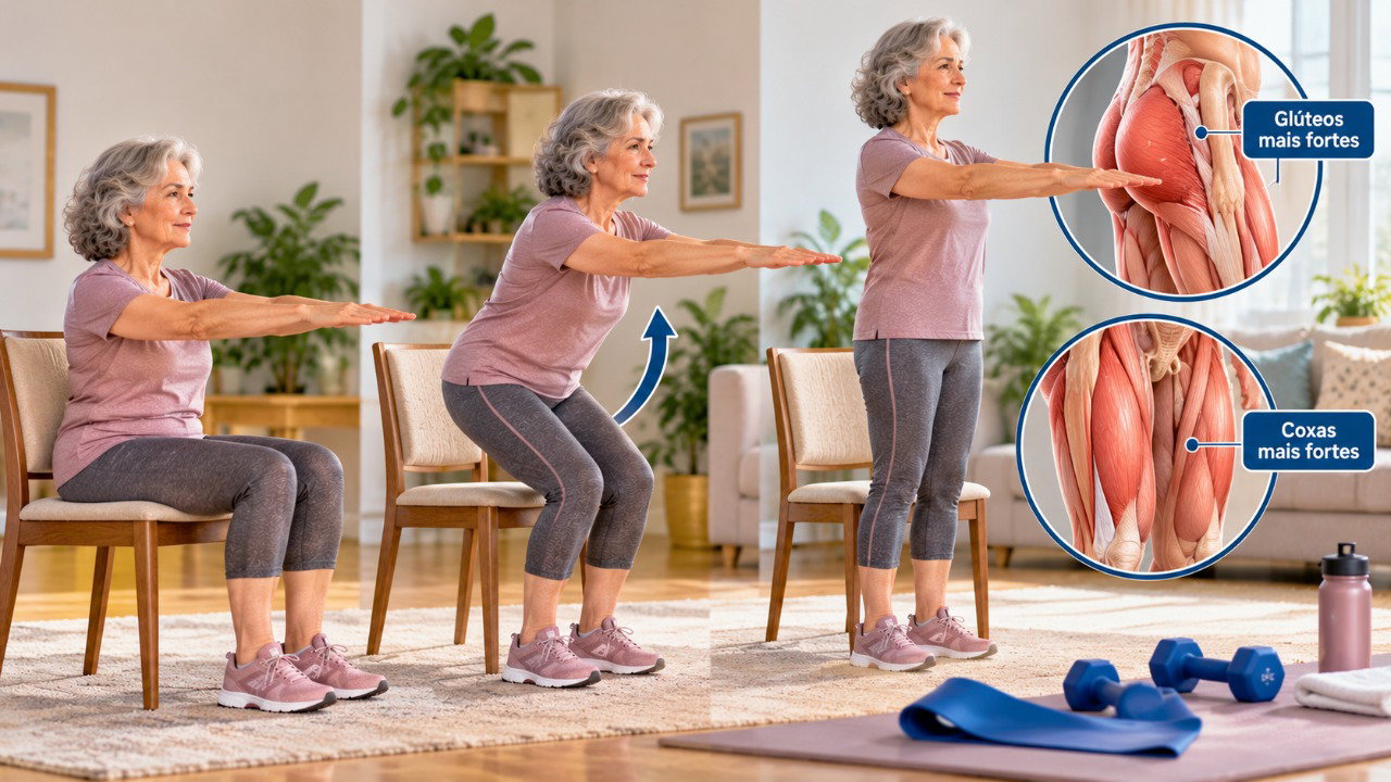 Exercícios como sentar e levantar de uma cadeira ajudam a fortalecer as pernas e complementar os benefícios das caminhadas.