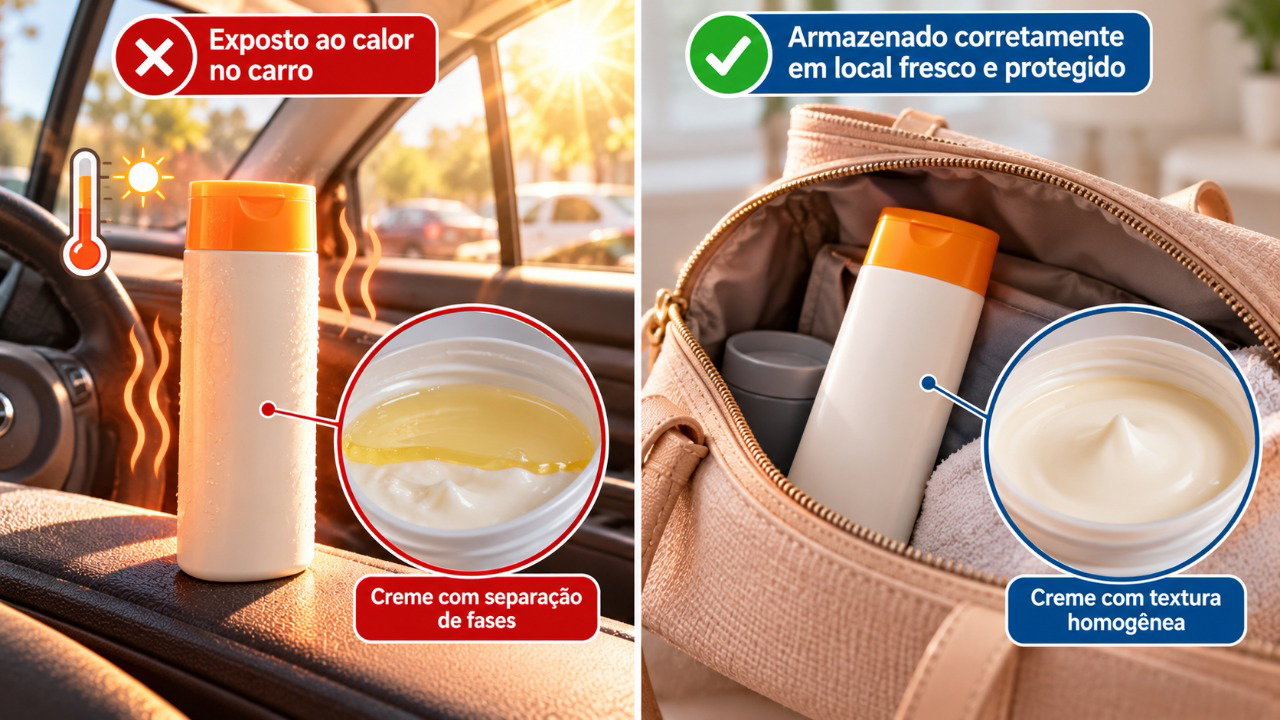 O calor excessivo pode alterar a formulação do protetor solar, enquanto o armazenamento adequado ajuda a preservar sua estabilidade.
