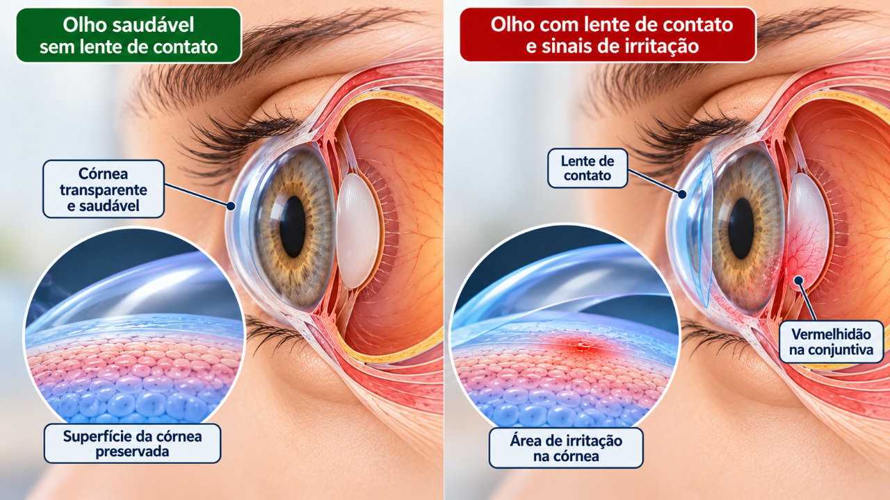 O uso de lentes de contato durante o sono pode favorecer irritações e infecções da córnea, especialmente quando surgem dor e vermelhidão.