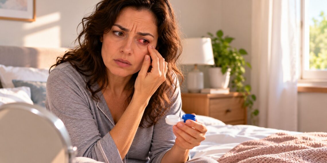 Dormir com lentes de contato pode provocar vermelhidão e irritação nos olhos, além de aumentar o risco de infecções da córnea.