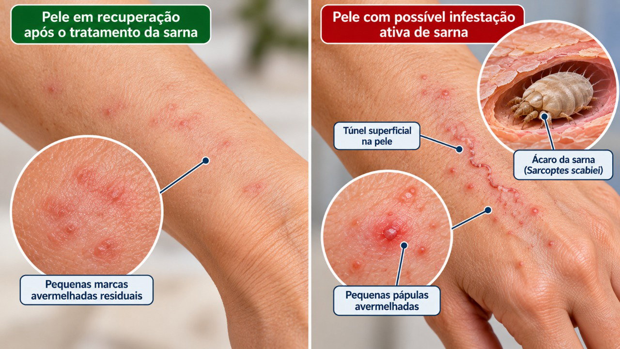 A coceira residual pode persistir durante a recuperação, enquanto novos túneis e lesões podem indicar infestação ativa ou reinfestação.