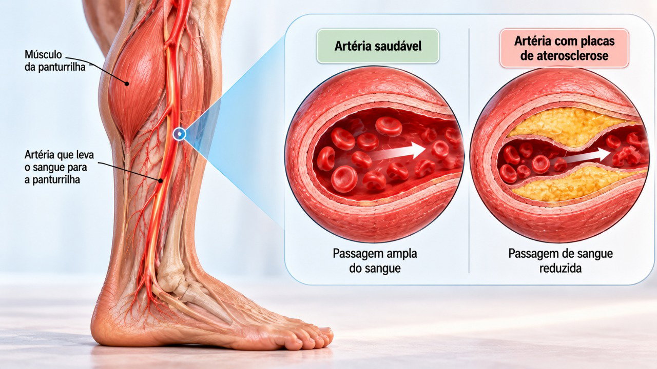 O estreitamento das artérias pode reduzir o fornecimento de sangue aos músculos da panturrilha durante a caminhada.