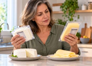 A cor do queijo não determina sua quantidade de gordura ou sódio, sendo importante comparar as informações nutricionais.