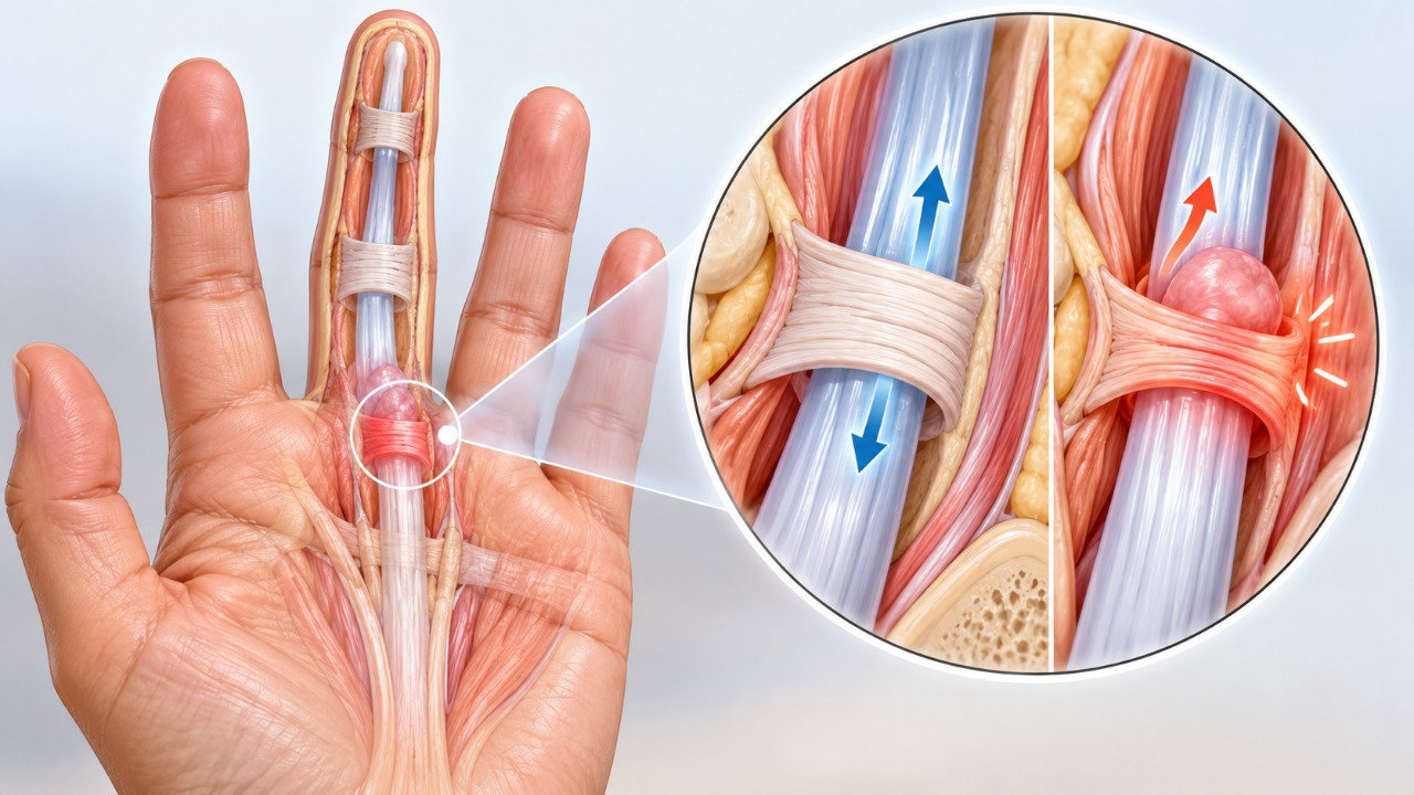 O dedo em gatilho acontece quando o tendão flexor encontra dificuldade para deslizar pela polia, provocando estalos e travamentos.