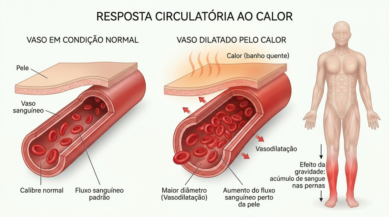 O calor dilata os vasos sanguíneos e pode reduzir a pressão arterial, especialmente quando a pessoa permanece muito tempo em pé.