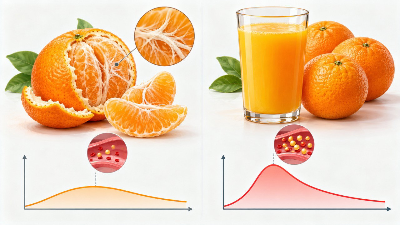 A fruta inteira preserva mais fibras e costuma favorecer uma elevação mais gradual da glicose em comparação ao suco.