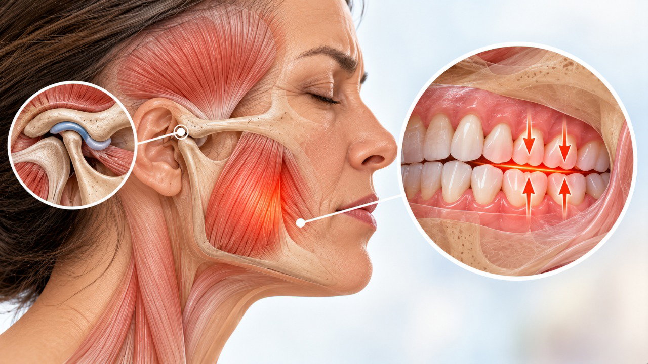 O apertamento dos dentes durante o sono pode sobrecarregar os músculos da mastigação e provocar dor na mandíbula ao acordar.