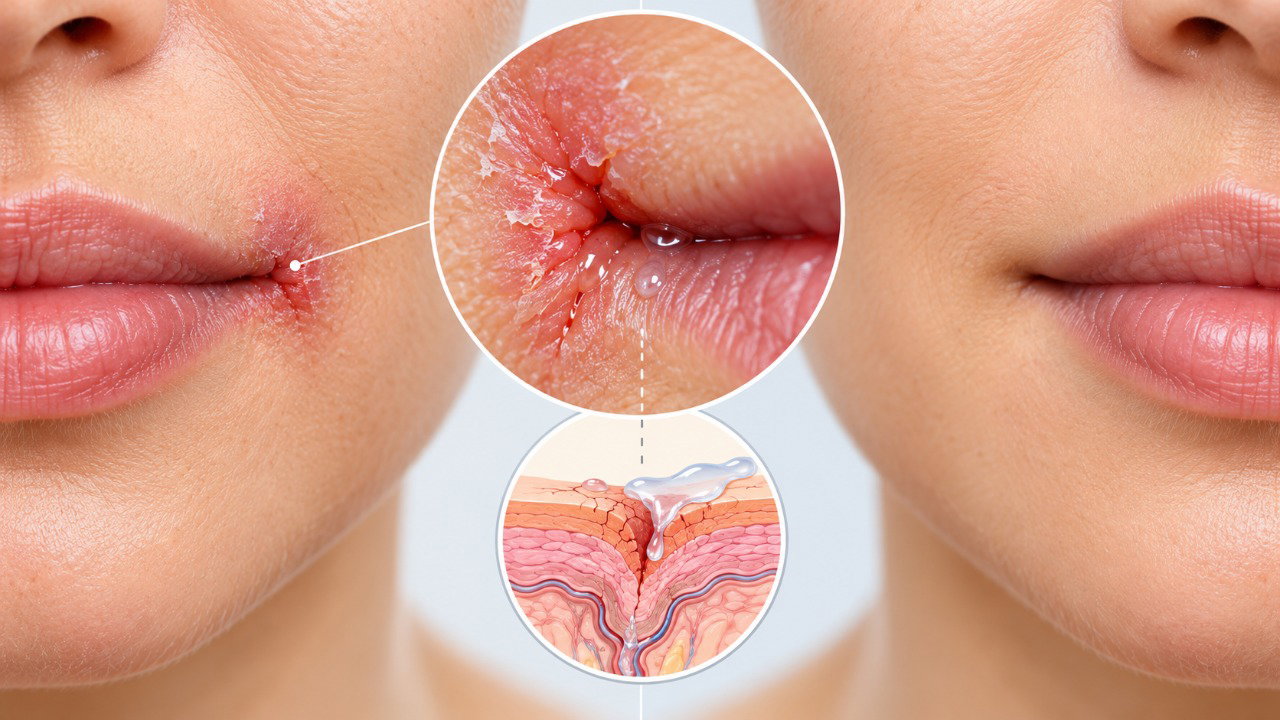 O acúmulo de saliva nos cantos da boca pode favorecer irritação, fissuras e inflamação características da queilite angular.