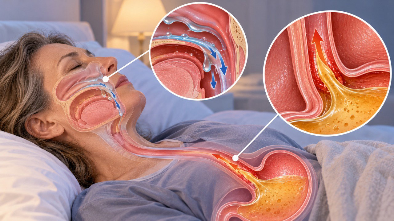 O refluxo gastroesofágico e o gotejamento pós-nasal podem irritar a garganta e desencadear tosse ao deitar.