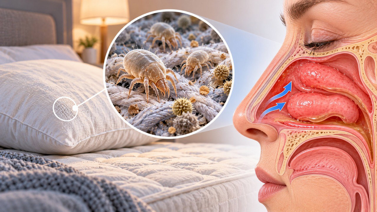 Ácaros presentes em colchões e travesseiros podem desencadear inflamação da mucosa nasal e piorar a congestão durante a noite.