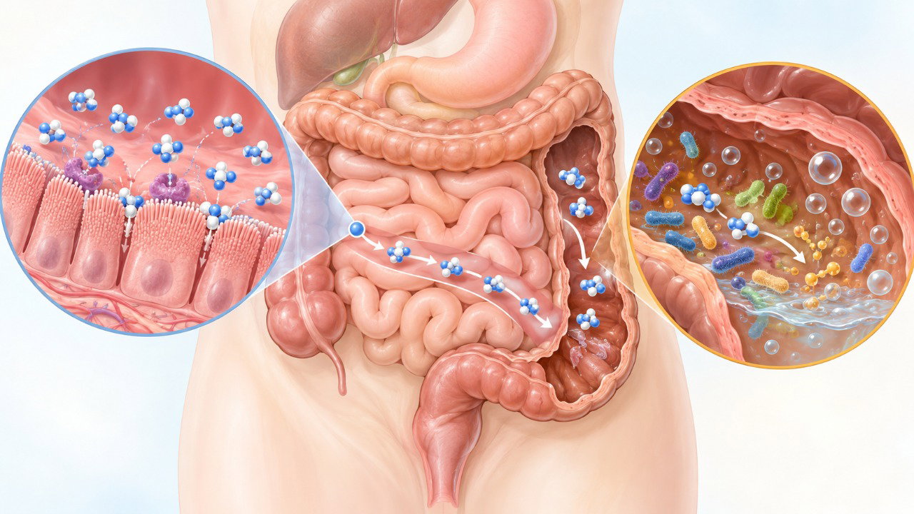 A deficiência de lactase permite que a lactose não digerida chegue ao intestino grosso, favorecendo gases, cólicas e diarreia.